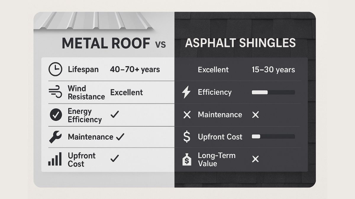 Comparison of metal roofing panels and asphalt shingles side by side