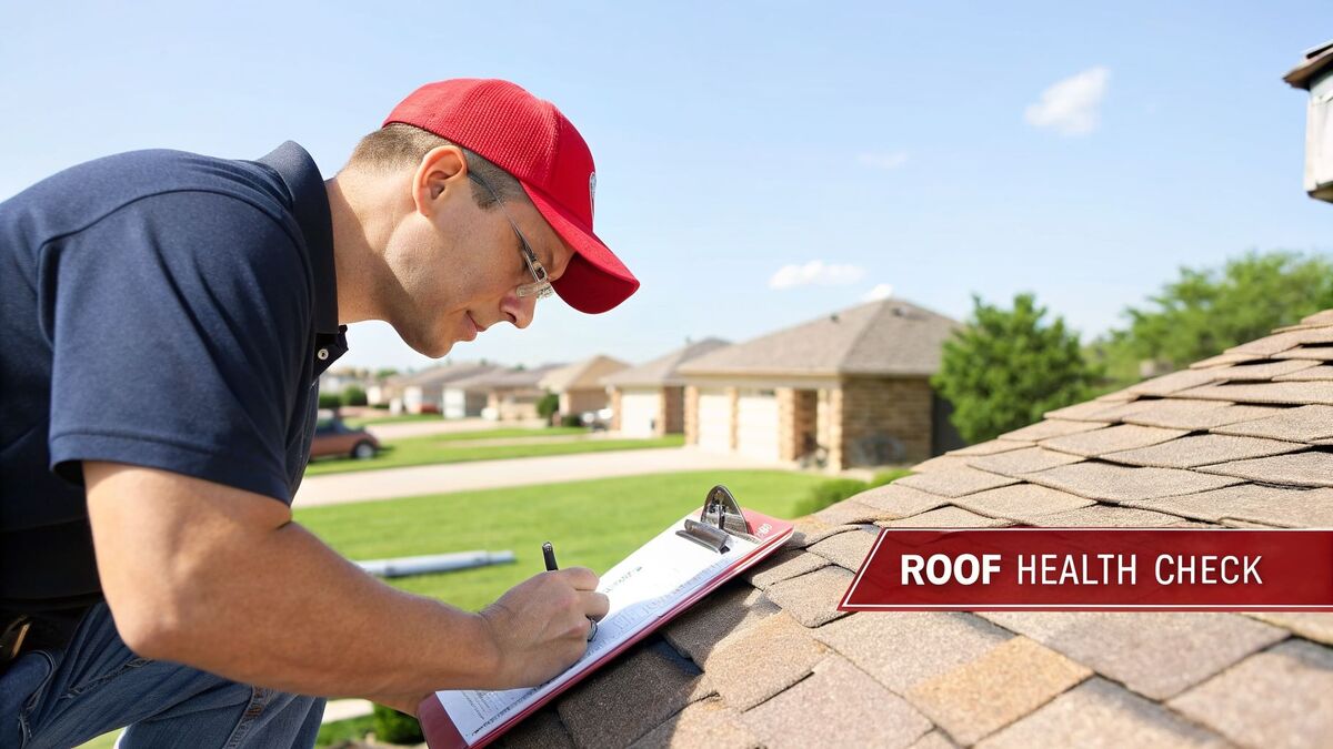 Professional roofer inspecting roof and preparing a detailed estimate