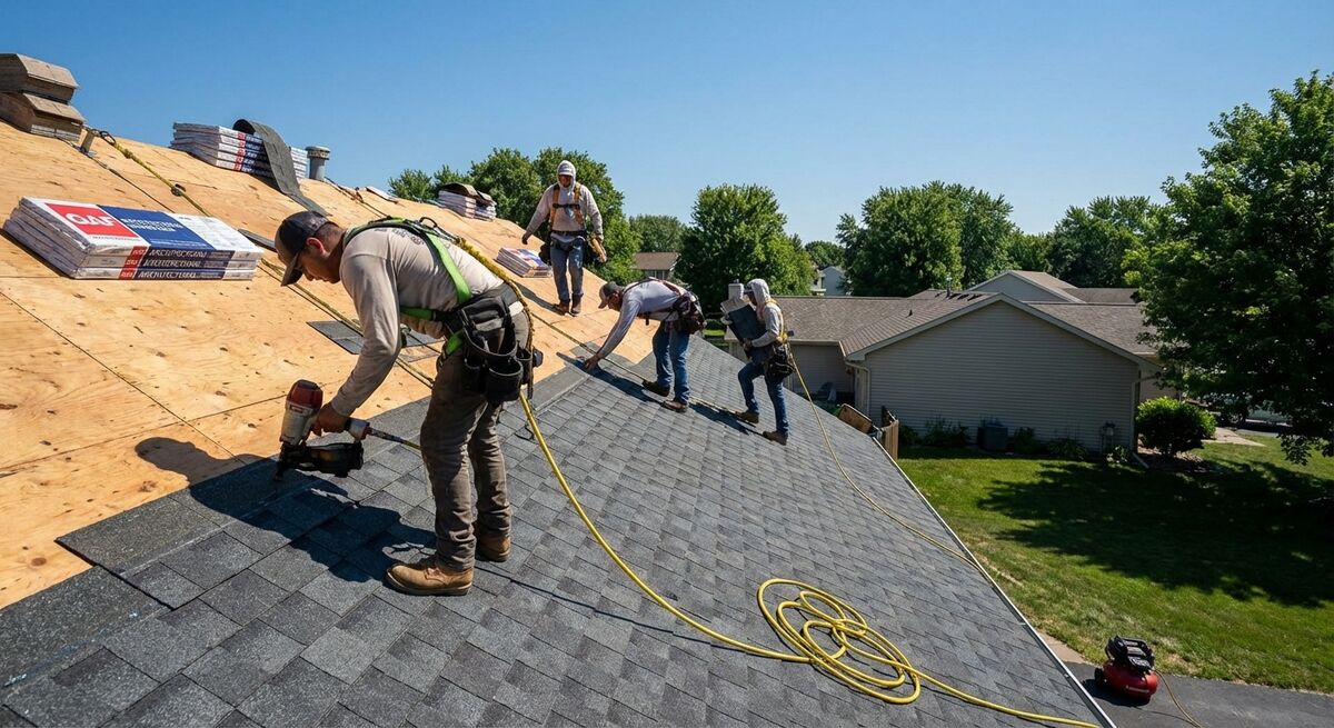 Roofing crew actively installing shingles during a roof replacement